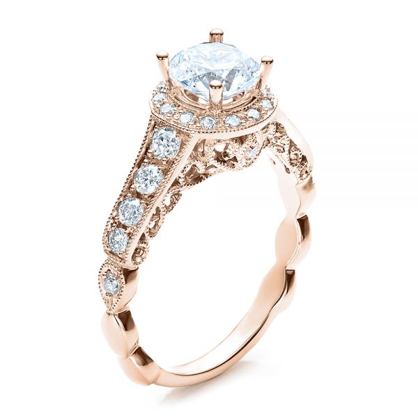 18k Rose Gold 18k Rose Gold Engagement Ring Tapered Diamond Side Stones - Vanna K - Three-Quarter View - 100042