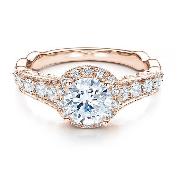 18k Rose Gold 18k Rose Gold Engagement Ring Tapered Diamond Side Stones - Vanna K - Flat View -  100042