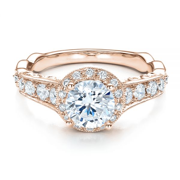 18k Rose Gold 18k Rose Gold Engagement Ring Tapered Diamond Side Stones - Vanna K - Flat View - 100042