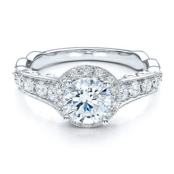 18k White Gold Engagement Ring Tapered Diamond Side Stones - Vanna K - Flat View - 100042