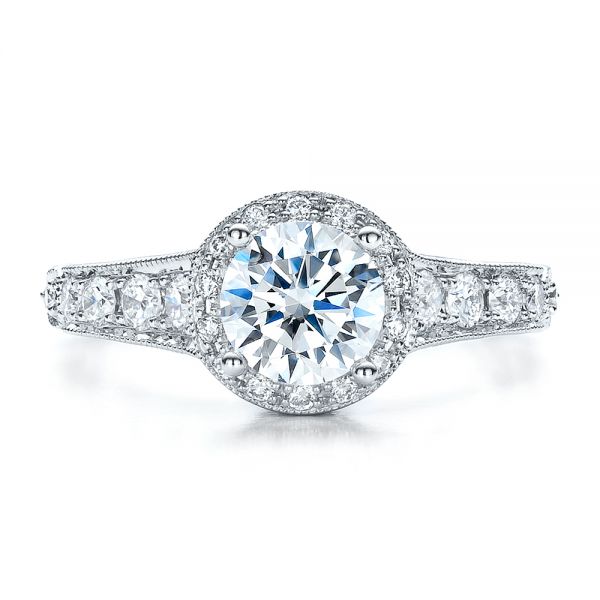 18k White Gold Engagement Ring Tapered Diamond Side Stones - Vanna K - Top View - 100042