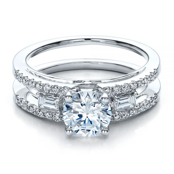 18k White Gold Engagement Ring With Matching Eternity Band - Flat View -  100005