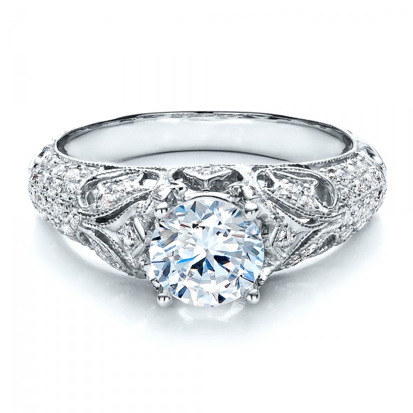  Platinum Platinum Engagement Ring With Micro Pave - Milgrain - Filigree - Hand Engraved - Vanna K - Flat View -  100047