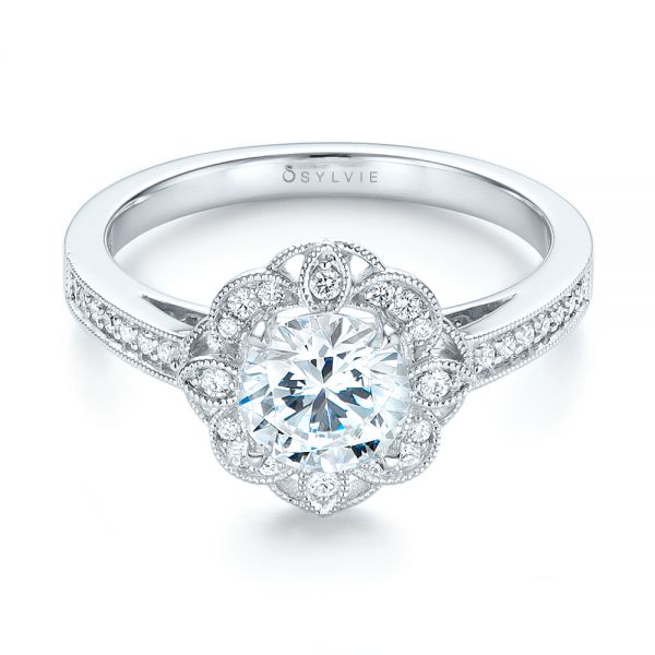 18k White Gold Fancy Halo Diamond Engagement Ring - Flat View -  103048