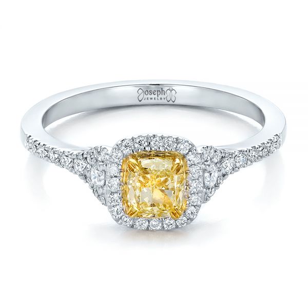 18k White Gold And Platinum 18k White Gold And Platinum Fancy Yellow Diamond With Halo Engagement Ring - Flat View -  100564