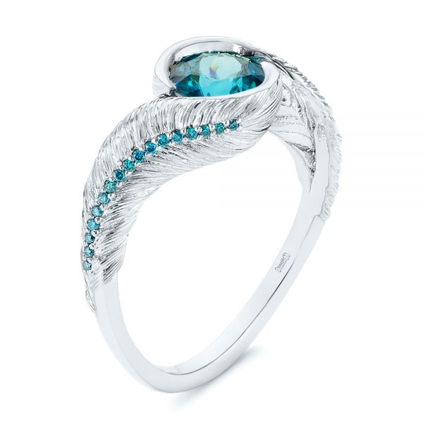  Platinum Feather Engraved Zircon And Blue Treated Diamond Engagement Ring - Three-Quarter View -  104869
