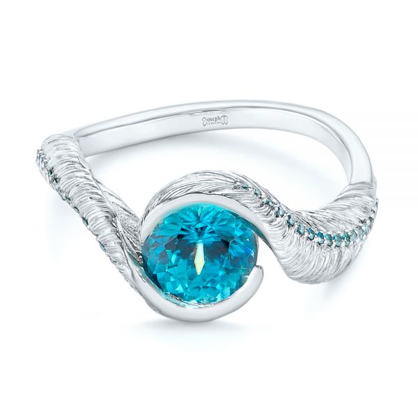 Platinum Feather Engraved Zircon And Blue Treated Diamond Engagement Ring - Flat View -  104869