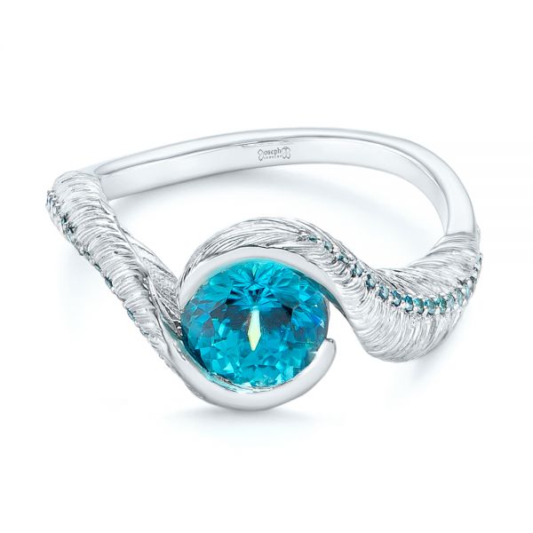  Platinum Feather Engraved Zircon And Blue Treated Diamond Engagement Ring - Flat View -  104869 - Thumbnail