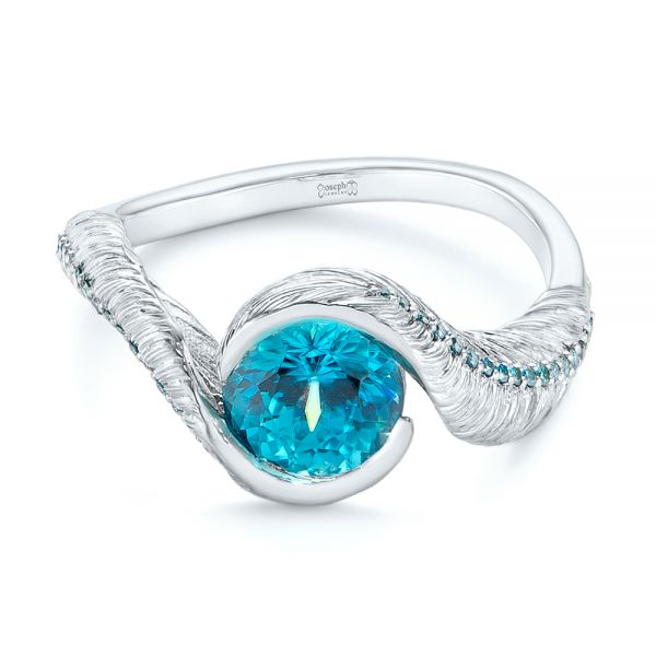  Platinum Feather Engraved Zircon And Blue Treated Diamond Engagement Ring - Flat View -  104869 - Thumbnail