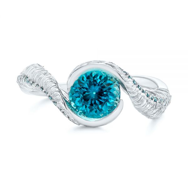  Platinum Feather Engraved Zircon And Blue Treated Diamond Engagement Ring - Top View -  104869 - Thumbnail
