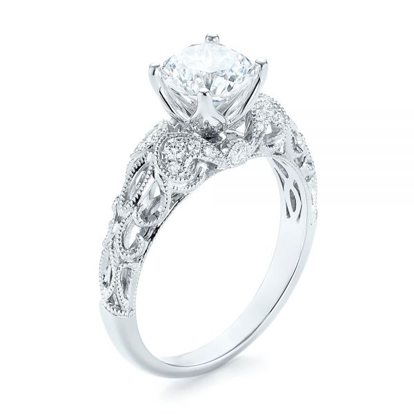 18k White Gold Filigree Diamond Engagement Ring - Three-Quarter View -  103101