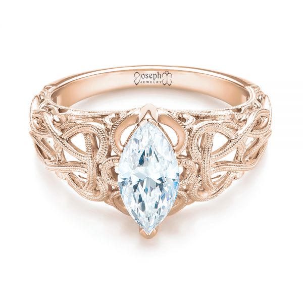 18k Rose Gold 18k Rose Gold Filigree Marquise Diamond Solitaire Ring - Flat View -  103895
