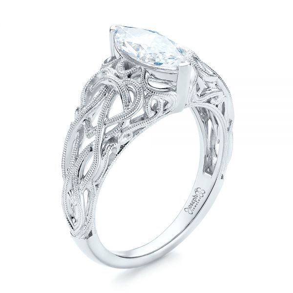 18k White Gold Filigree Marquise Diamond Solitaire Ring - Three-Quarter View -  103895