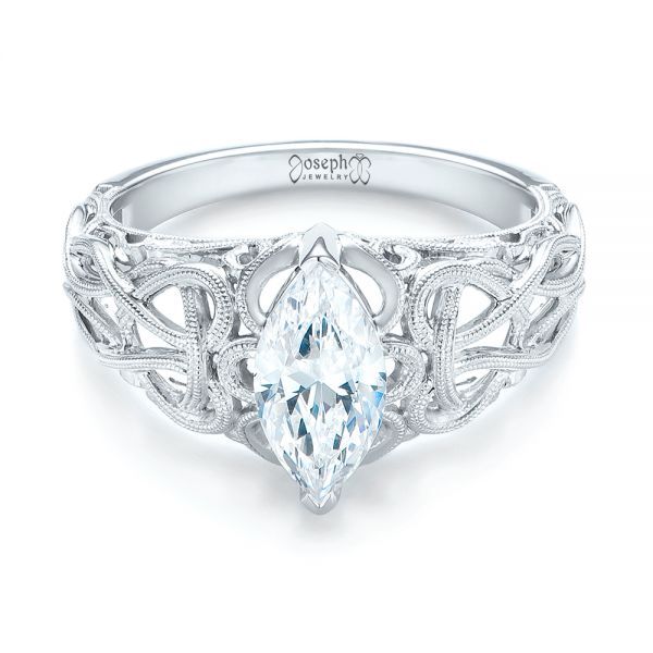 14k White Gold 14k White Gold Filigree Marquise Diamond Solitaire Ring - Flat View -  103895