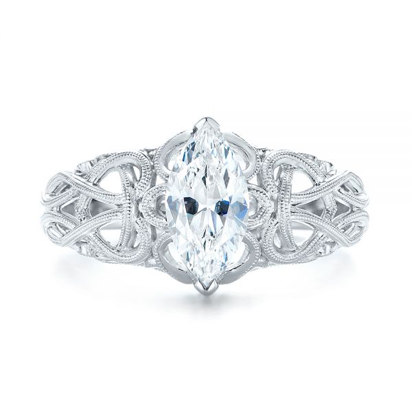 18k White Gold Filigree Marquise Diamond Solitaire Ring - Top View -  103895