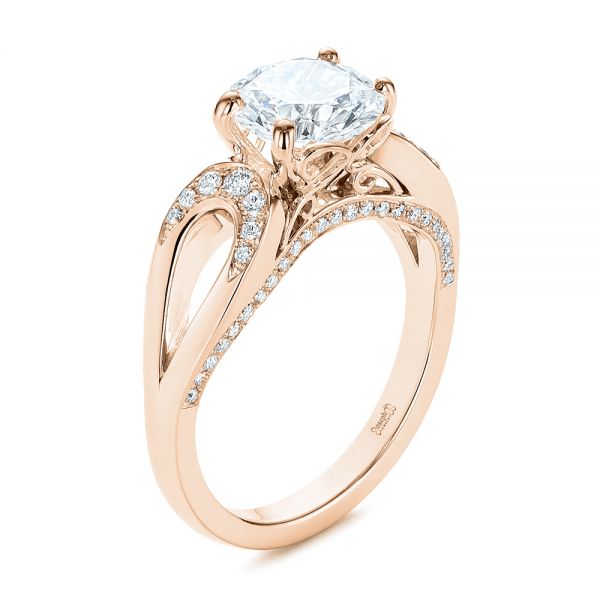 18k Rose Gold 18k Rose Gold Filigree Split Shank Diamond Engagement Ring - Three-Quarter View -  105194