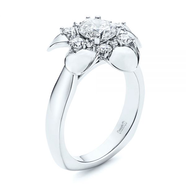 14k White Gold Floral Diamond Engagement Ring - Three-Quarter View -  106167