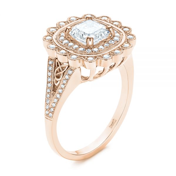 18k Rose Gold 18k Rose Gold Floral Double Halo Celtic Knot Diamond Engagement Ring - Three-Quarter View -  105162