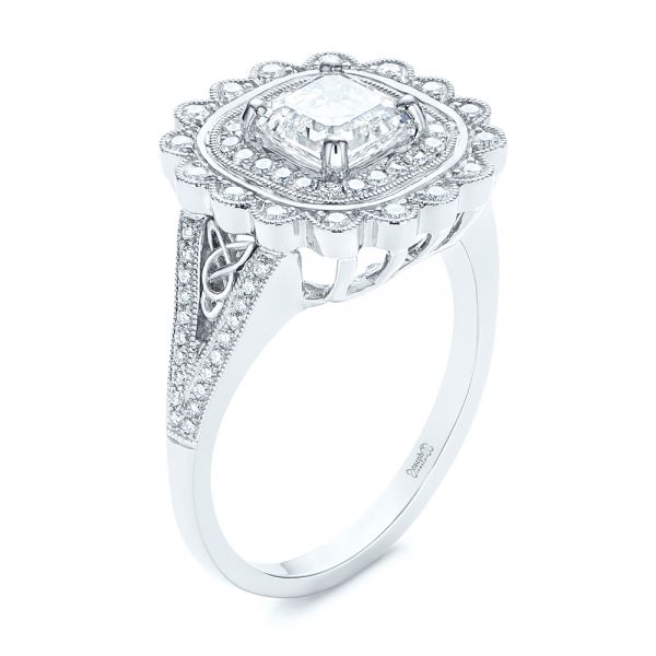 18k White Gold 18k White Gold Floral Double Halo Celtic Knot Diamond Engagement Ring - Three-Quarter View -  105162