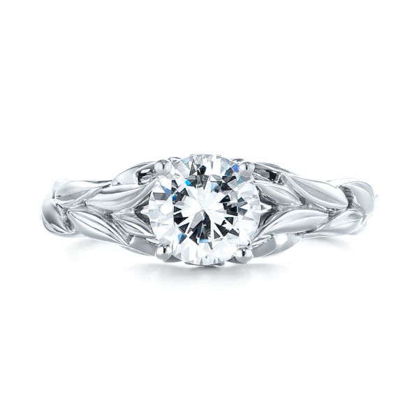 18k White Gold Floral Solitaire Diamond Engagement Ring - Top View -  104117