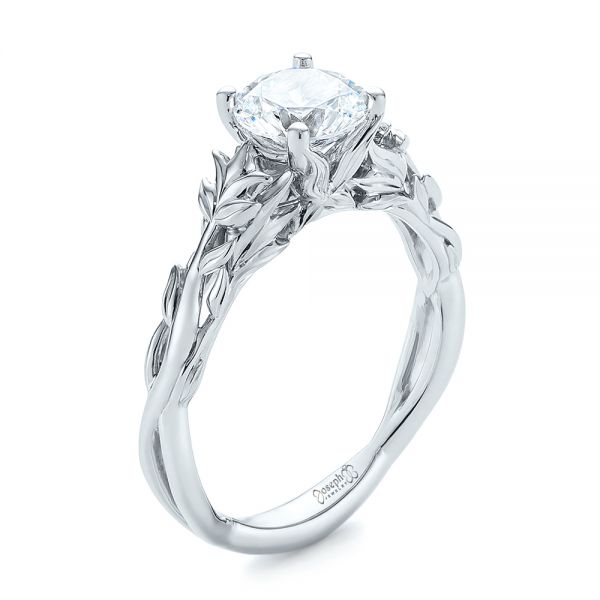 18k White Gold Floral Solitaire Diamond Engagement Ring - Three-Quarter View -  104176