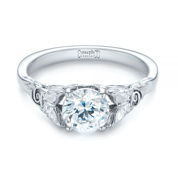 18k White Gold Floral Solitaire Diamond Engagement Ring - Flat View - 104122