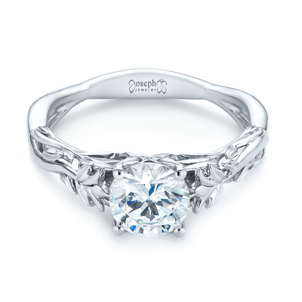 14k White Gold Floral Solitaire Diamond Engagement Ring - Flat View -  104176