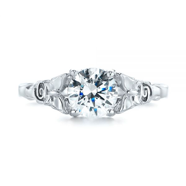 18k White Gold Floral Solitaire Diamond Engagement Ring - Top View - 104122