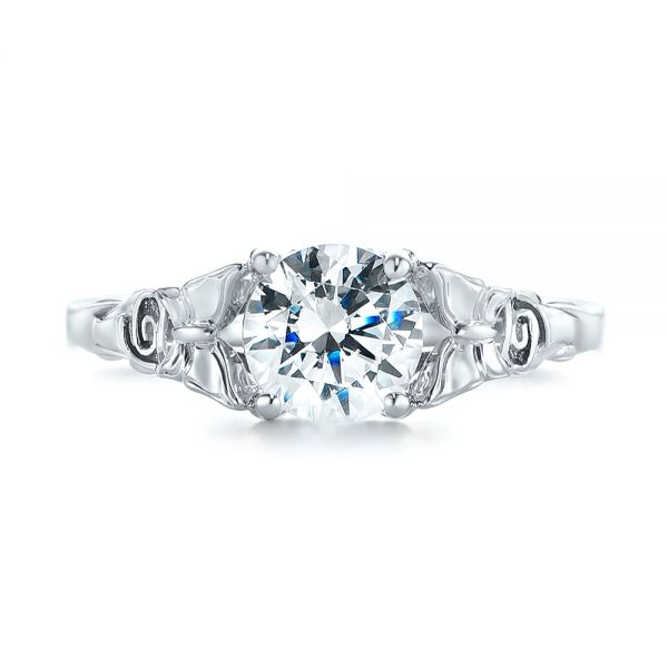 18k White Gold Floral Solitaire Diamond Engagement Ring - Top View -  104122