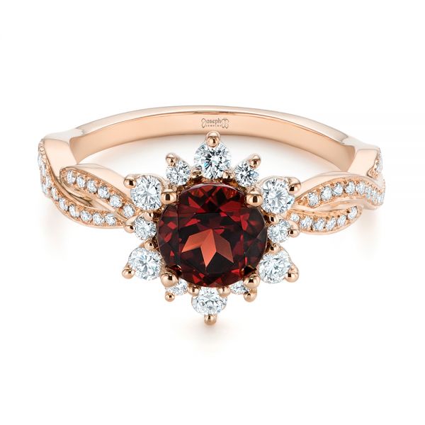 18k Rose Gold 18k Rose Gold Garnet And Diamond Cluster Halo Engagement Ring - Flat View -  104866