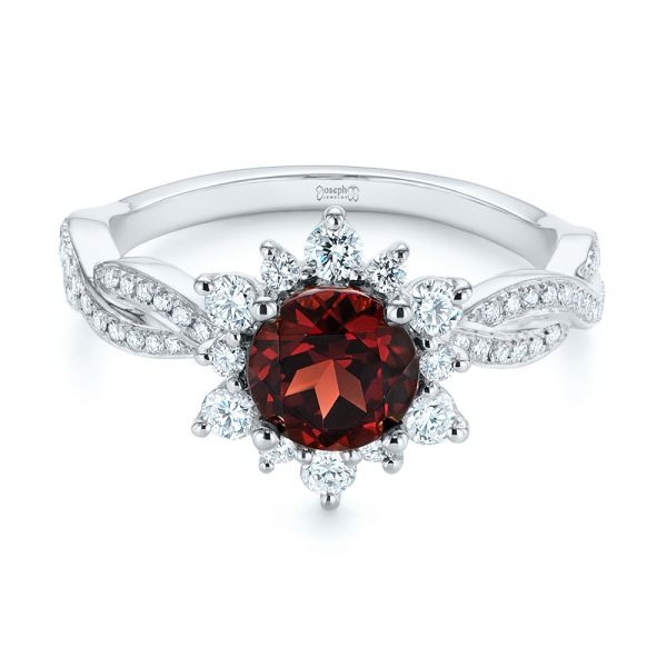 14k White Gold 14k White Gold Garnet And Diamond Cluster Halo Engagement Ring - Flat View -  104866