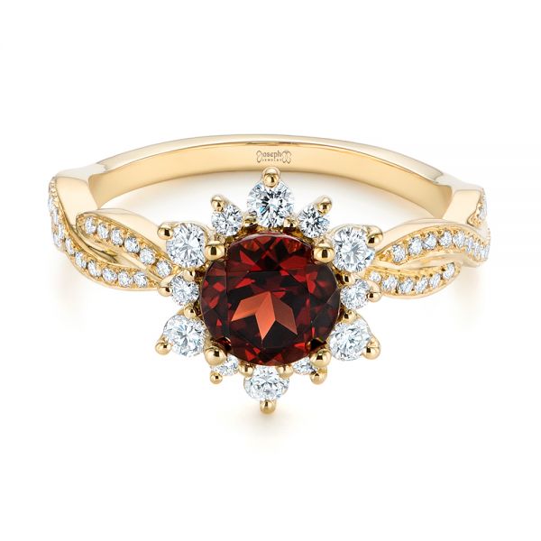 18k Yellow Gold Garnet And Diamond Cluster Halo Engagement Ring - Flat View -  104866