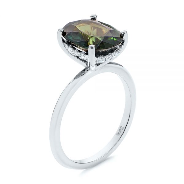 18k White Gold 18k White Gold Green Sapphire And Hidden Halo Diamond Engagement Ring - Three-Quarter View -  105861