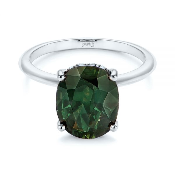 18k White Gold 18k White Gold Green Sapphire And Hidden Halo Diamond Engagement Ring - Flat View -  105861