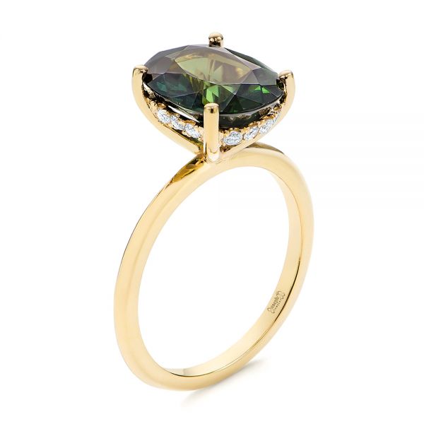 14k Yellow Gold Green Sapphire And Hidden Halo Diamond Engagement Ring - Three-Quarter View -  105861
