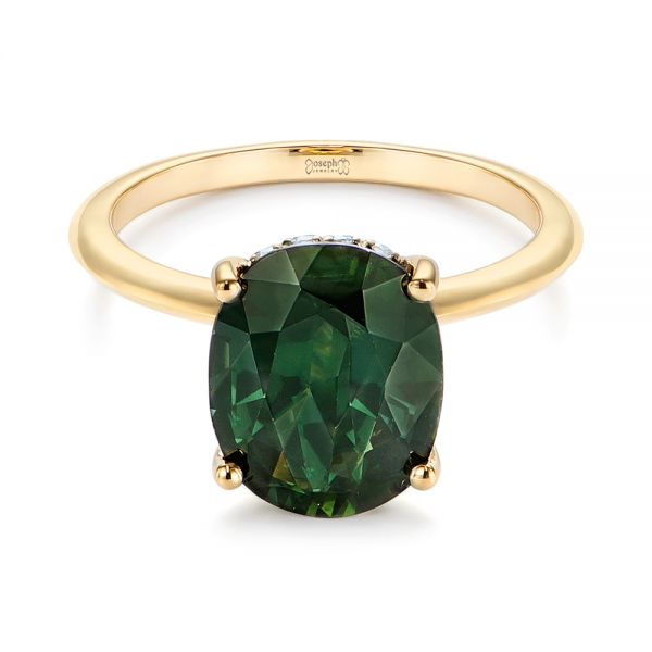 14k Yellow Gold Green Sapphire And Hidden Halo Diamond Engagement Ring - Flat View -  105861