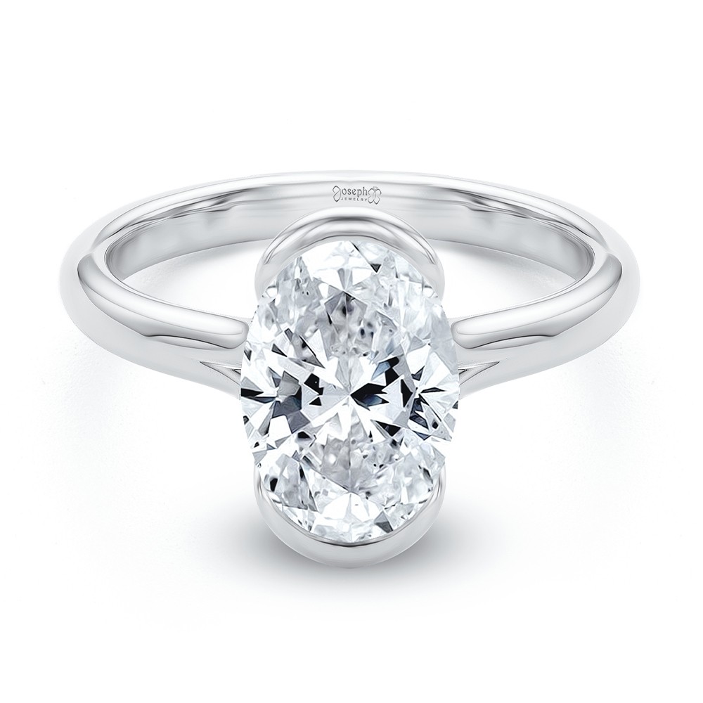18k White Gold 18k White Gold Half Bezel Oval Diamond Split Shank Engagement Ring - Flat View -  108359 - Thumbnail