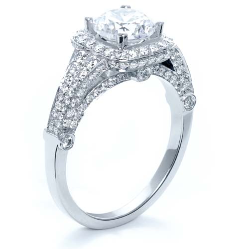  14K Gold 14K Gold Halo Diamond Engagement Ring - Three-Quarter View -  159 - Thumbnail