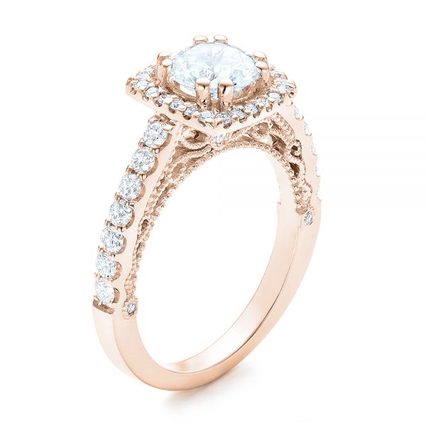 18k Rose Gold 18k Rose Gold Halo Diamond Engagement Ring - Three-Quarter View -  102552