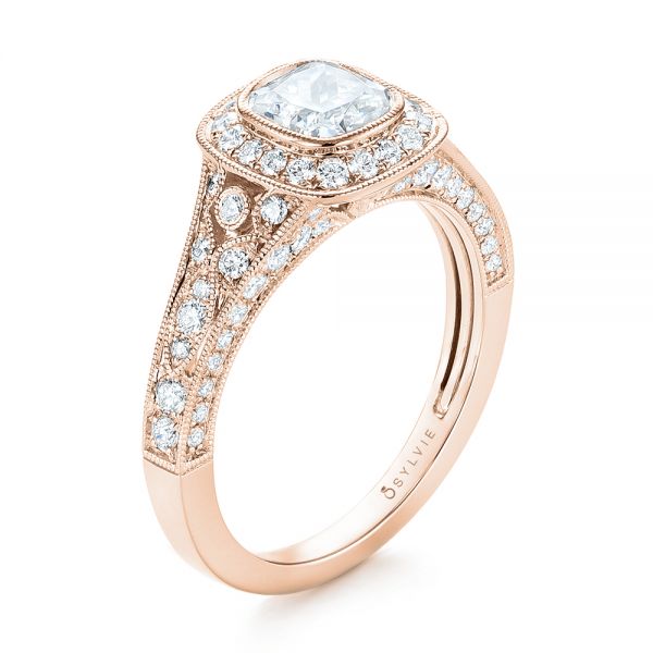 18k Rose Gold 18k Rose Gold Halo Diamond Engagement Ring - Three-Quarter View -  103097