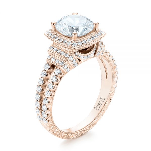 18k Rose Gold 18k Rose Gold Halo Diamond Engagement Ring - Three-Quarter View -  103716