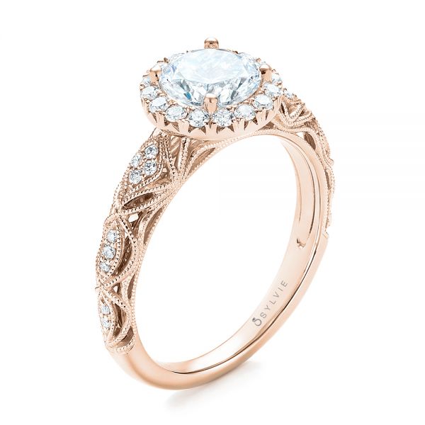 18k Rose Gold 18k Rose Gold Halo Diamond Engagement Ring - Three-Quarter View -  103899