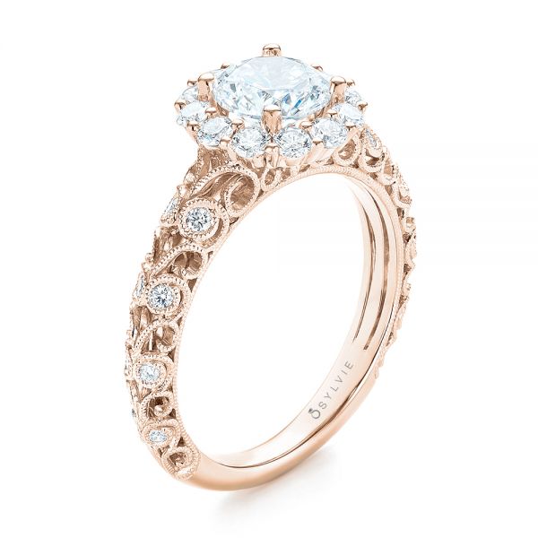 18k Rose Gold 18k Rose Gold Halo Diamond Engagement Ring - Three-Quarter View -  103900