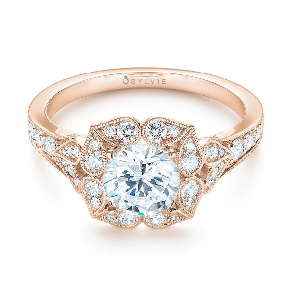 18k Rose Gold 18k Rose Gold Halo Diamond Engagement Ring - Flat View -  103052
