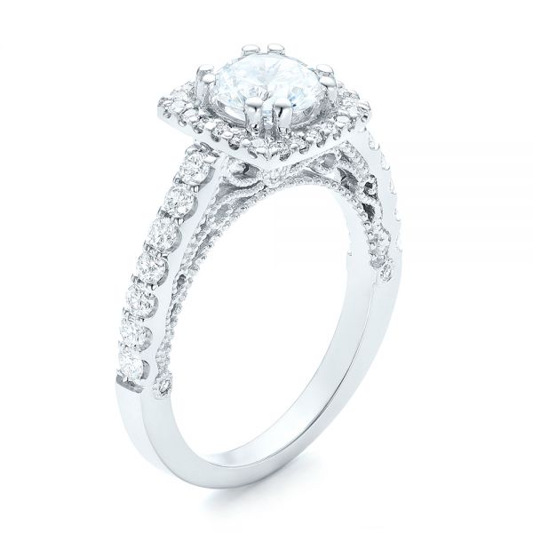 18k White Gold Halo Diamond Engagement Ring - Three-Quarter View -  102552