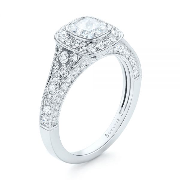 18k White Gold Halo Diamond Engagement Ring - Three-Quarter View -  103097