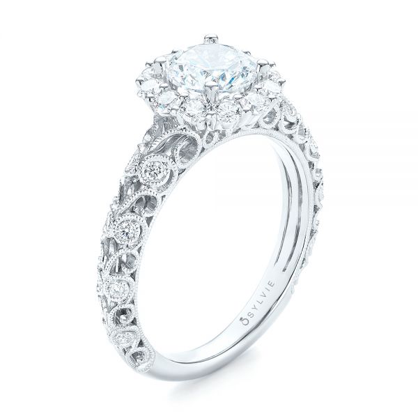 14k White Gold 14k White Gold Halo Diamond Engagement Ring - Three-Quarter View -  103900