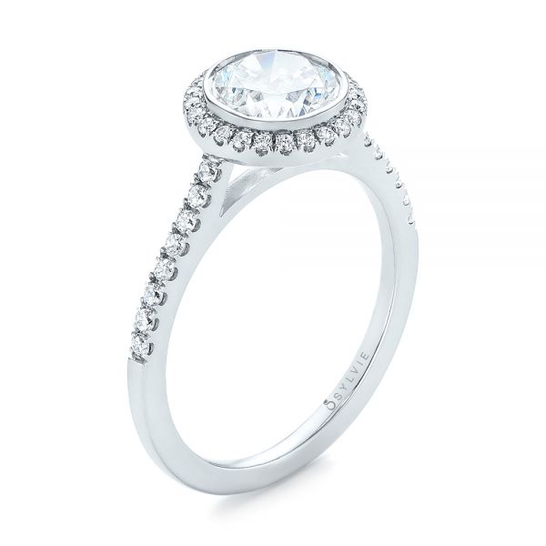 14k White Gold Halo Diamond Engagement Ring - Three-Quarter View -  104022