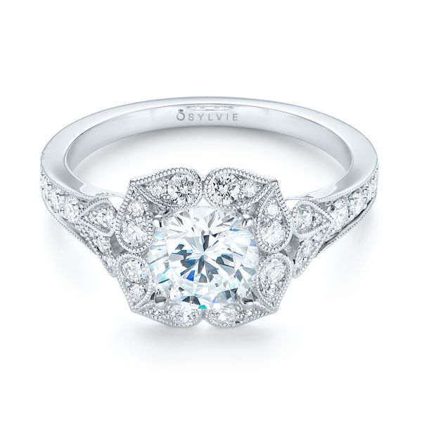 18k White Gold Halo Diamond Engagement Ring - Flat View -  103052