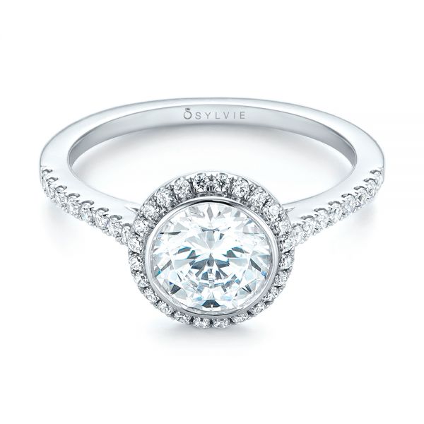 14k White Gold Halo Diamond Engagement Ring - Flat View -  104022